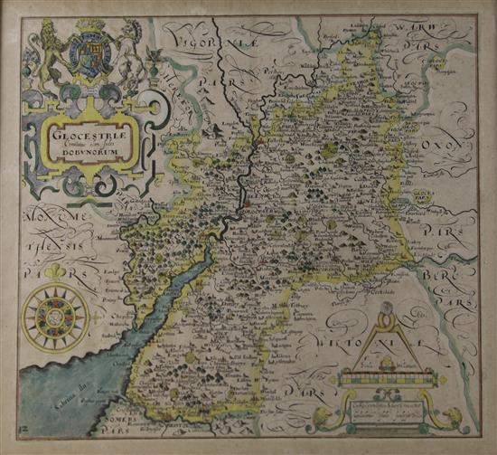 After Christopher Saxton. Two hand coloured county maps of Leicestershire and Gloucestershire,